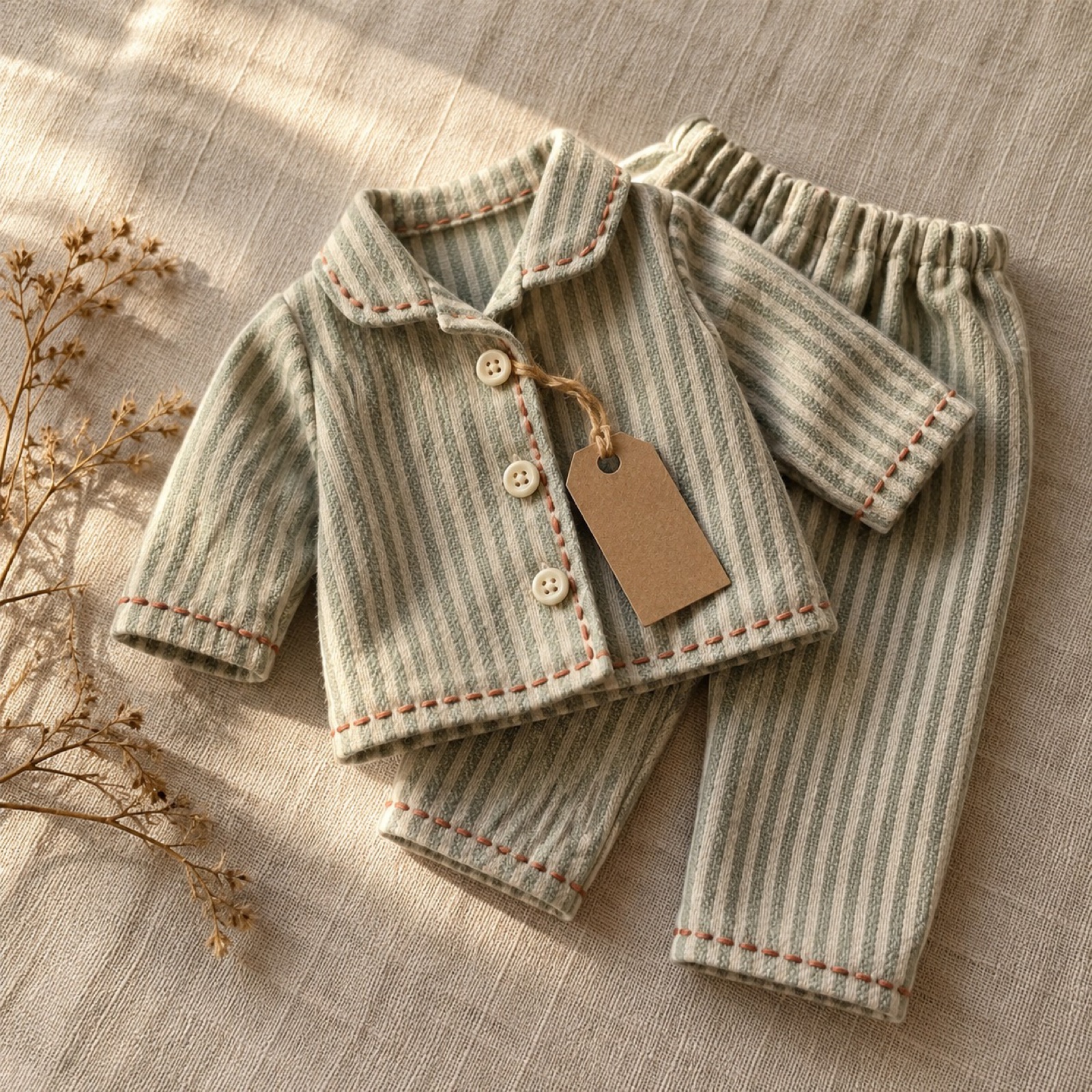A doll pajama set in a cotton print, folded neatly on a kitchen table