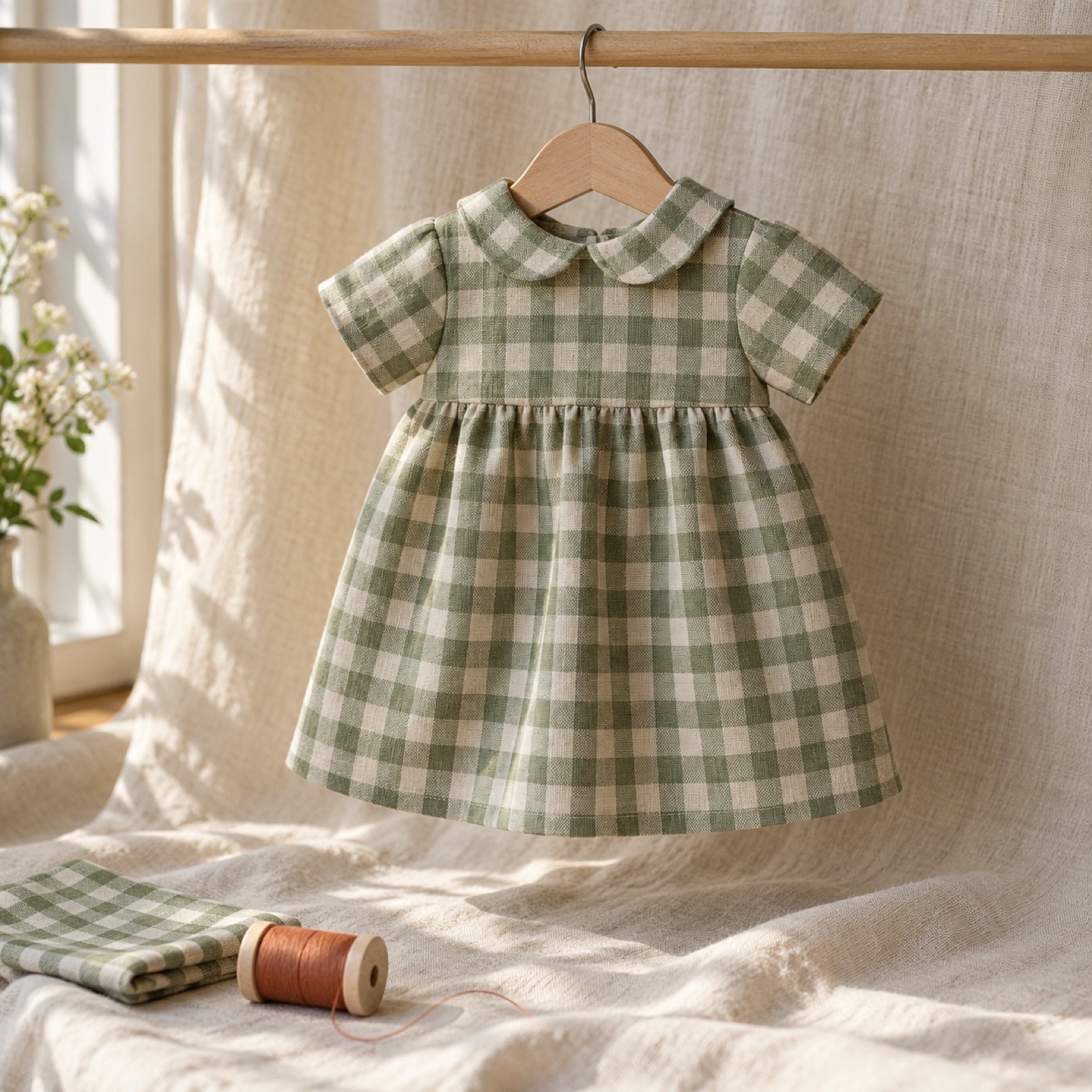 A handmade everyday doll dress hanging on a small wooden hanger