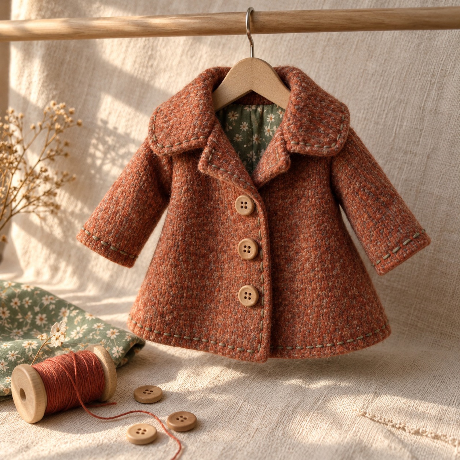 A stitched doll winter coat with little buttons, made from fabric scraps