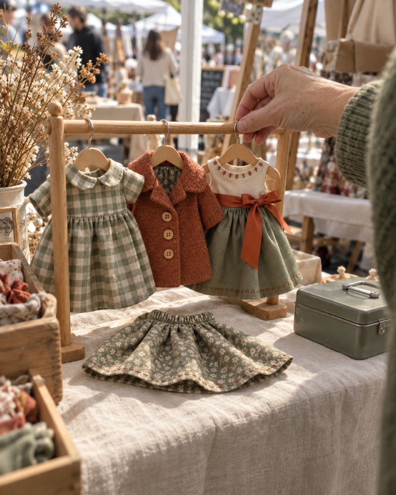 A small craft market table with folded handmade doll outfits on display