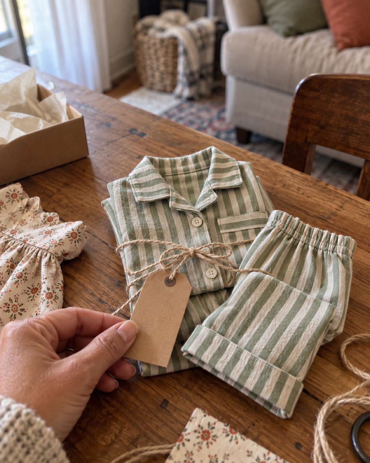 Small handmade doll outfits lined up with kraft price tags