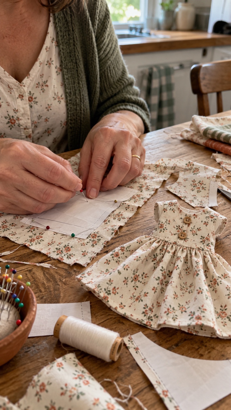 Hands pinning a paper pattern to fabric beside a finished doll dress on a kitchen table