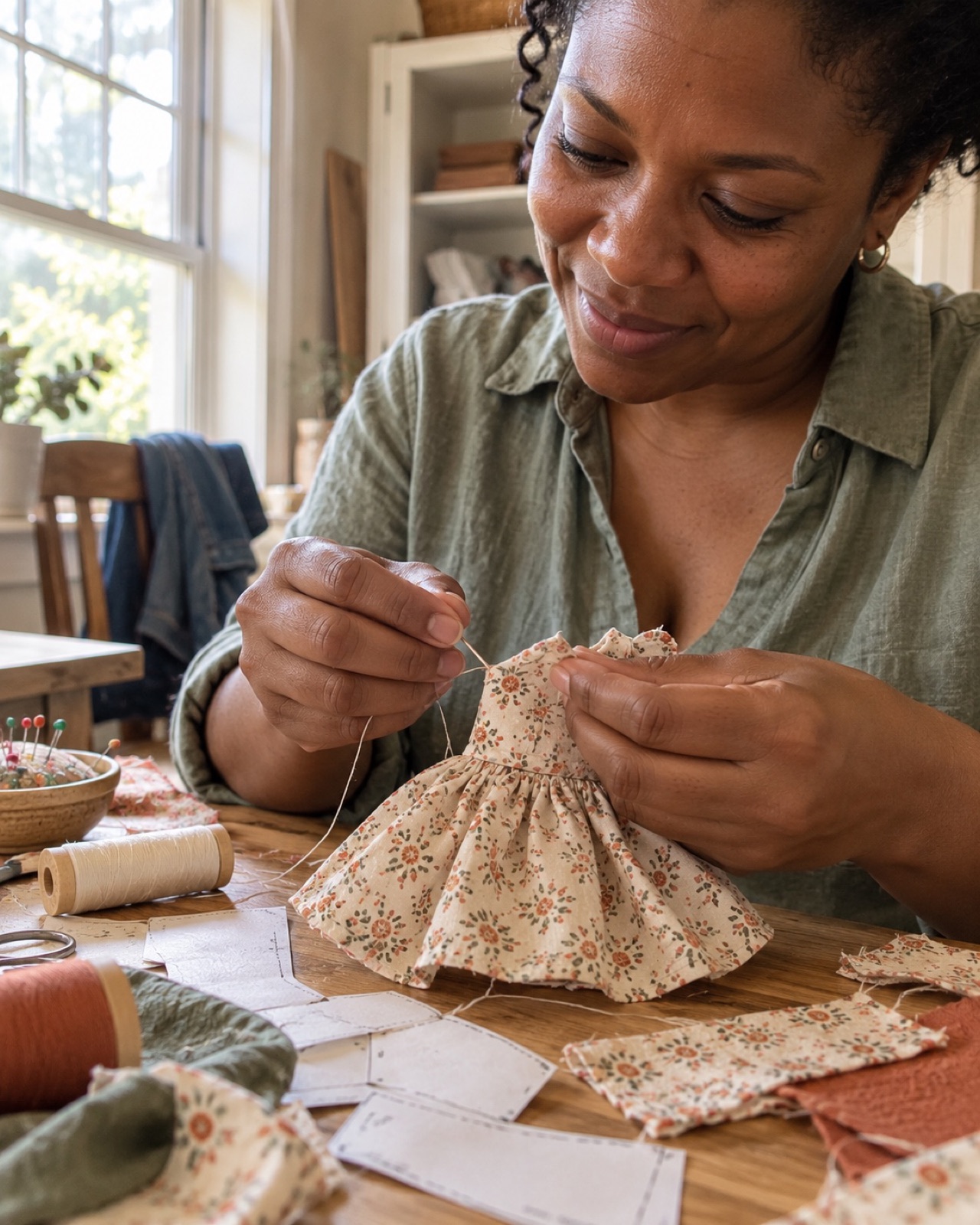 A woman pinning a doll dress pattern to fabric at a sunny kitchen table with a cup of tea